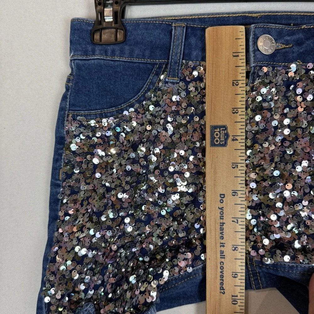 Justice Shorts Girls 14 Blue High Rise Midi Sequin Denim Cutoff Frayed Hem